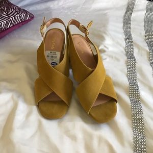 Mustard, strappy sandal heels